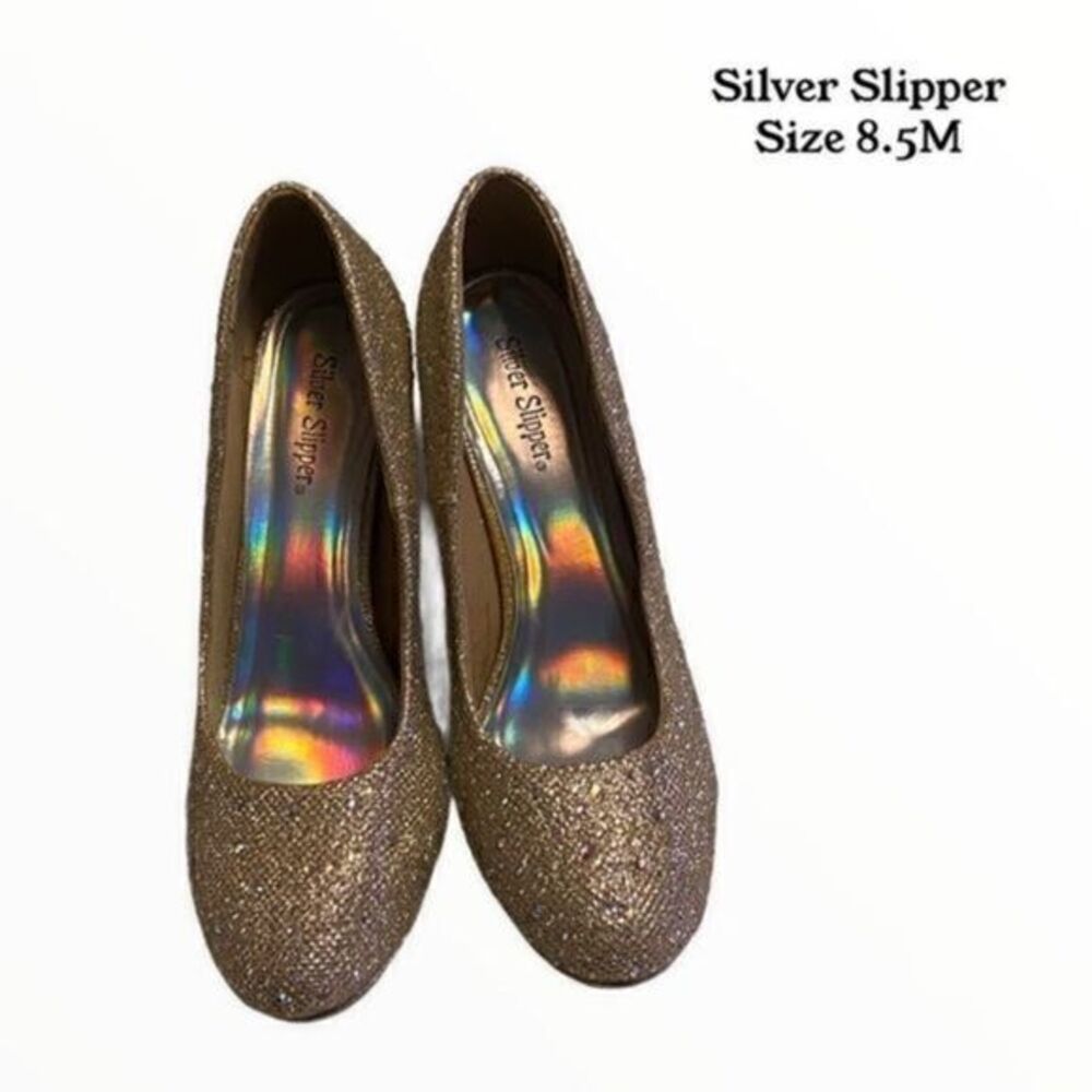 Silver Slipper Metallic gold pumps w/rhinestones.
